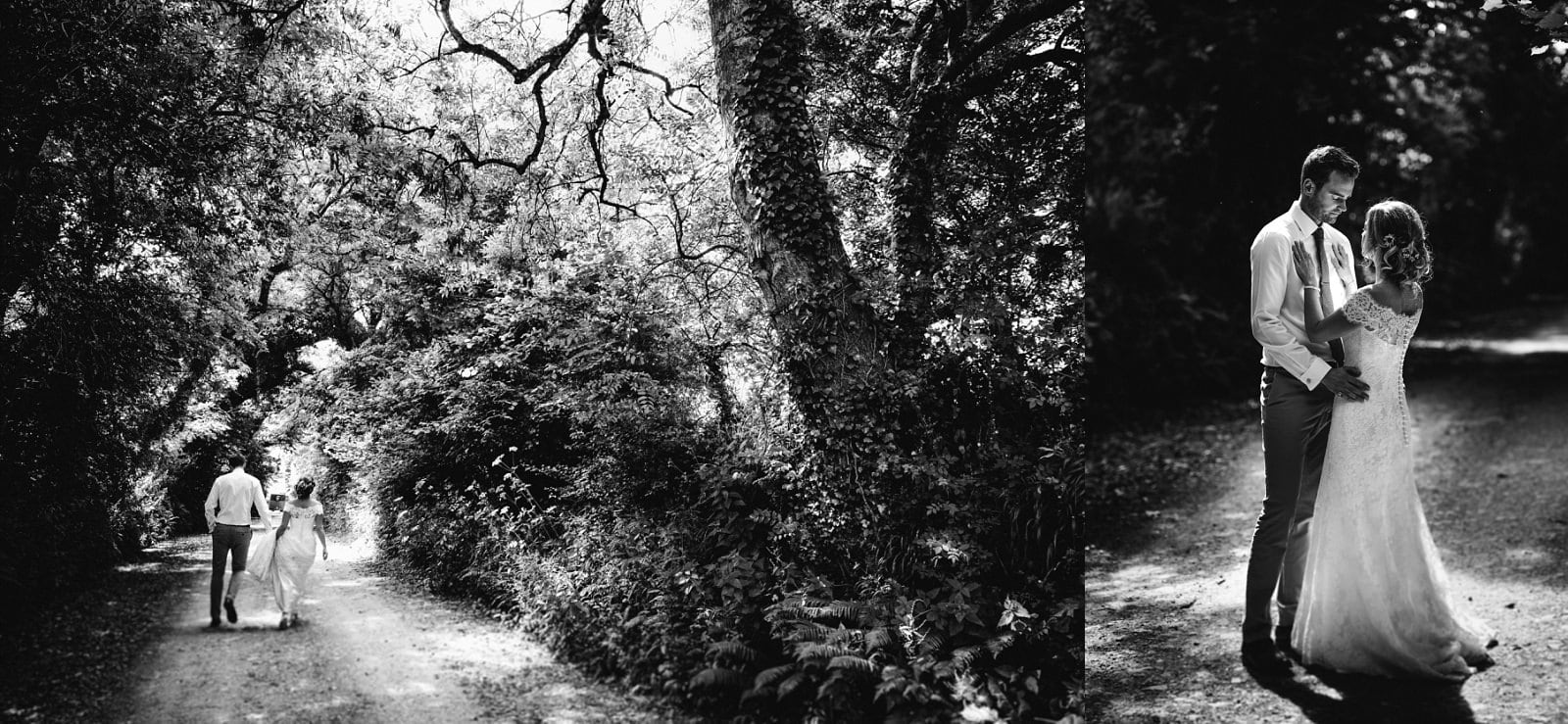Wedding day portraits of the couple down a leafy lane at Nancarrow Farm