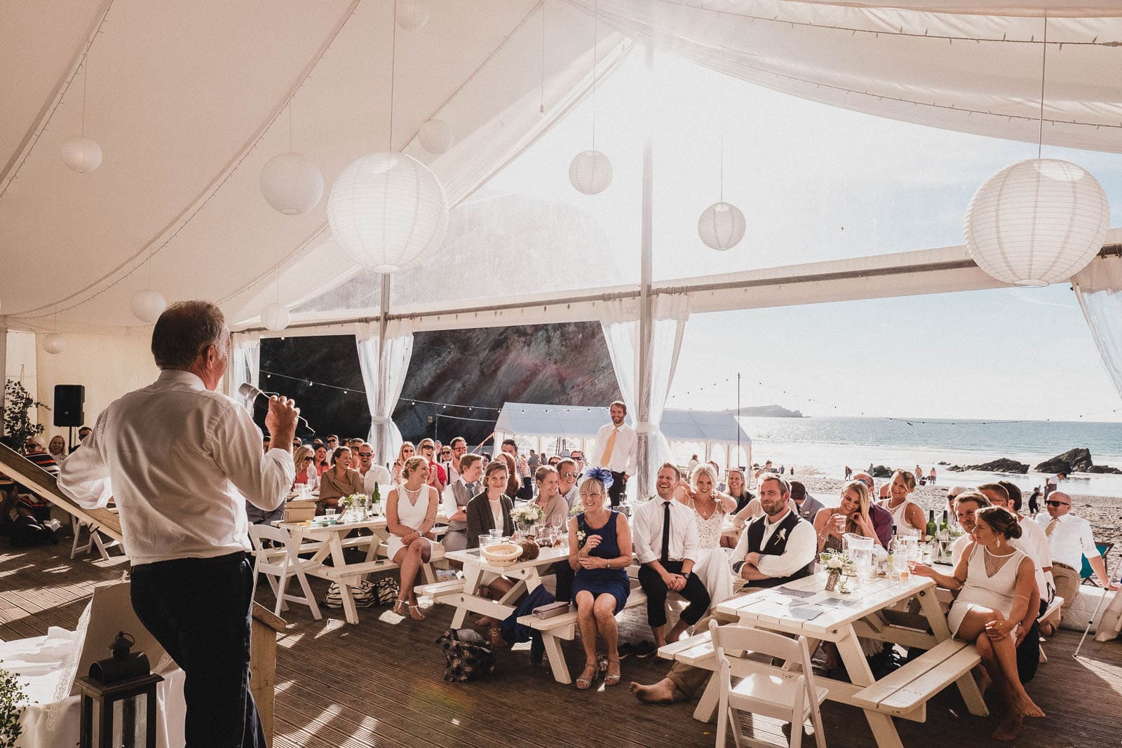 Lusty Glaze Wedding Speech in the marquee by the beach.